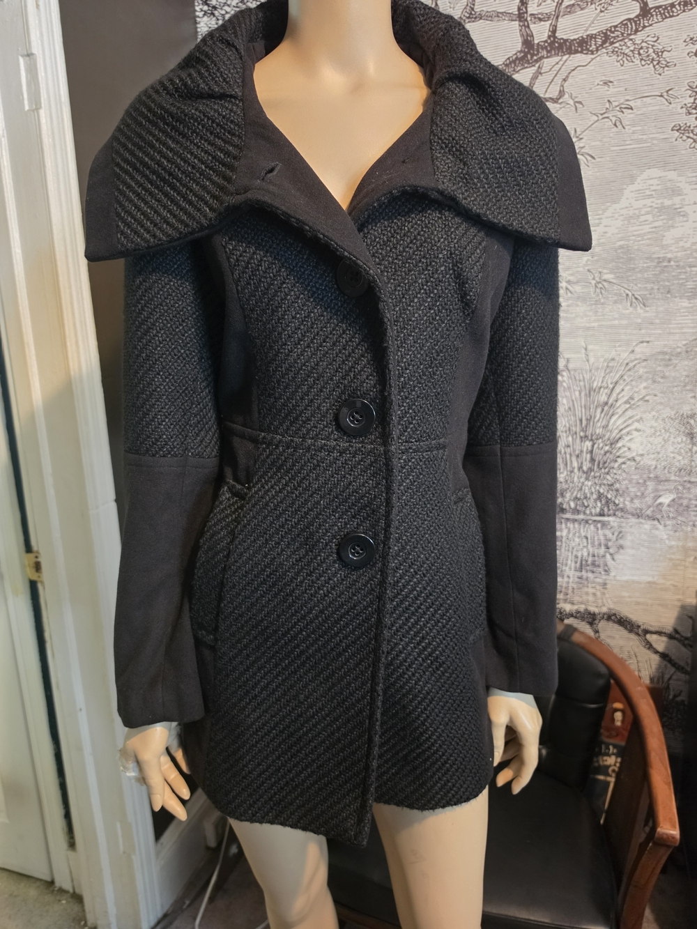 Apt. 9 Black Wool Blend Coat Oversized Collar Textured Knit Size S Like New
